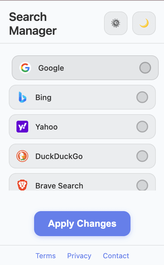 Search Manager extension popup with multiple search engine options