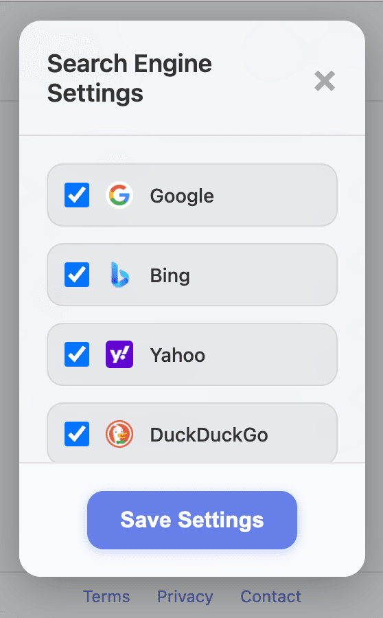 Search Manager settings view with configurable search engines
